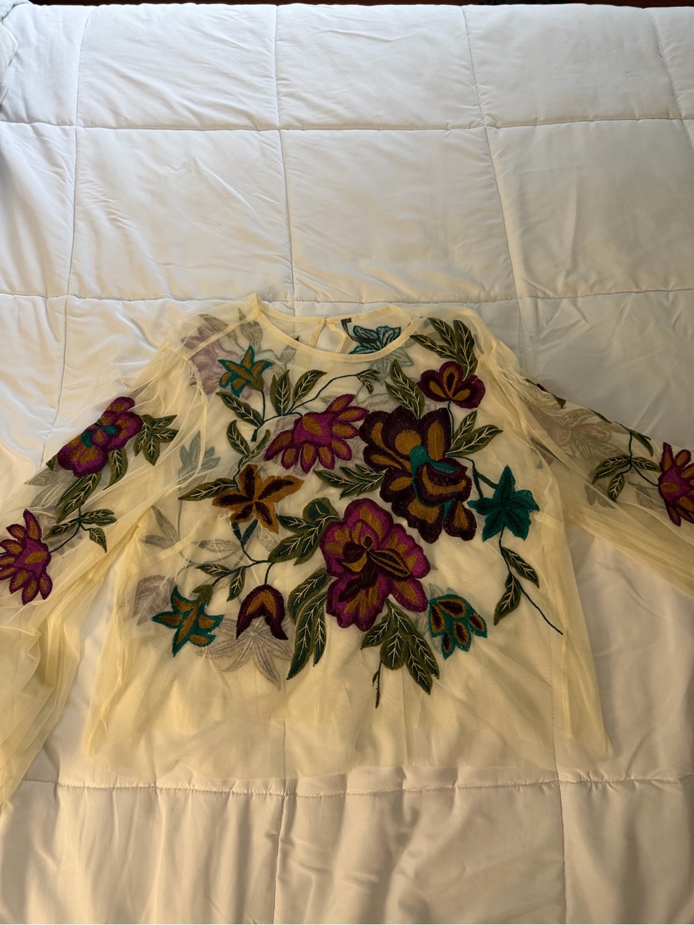 Anthropologie Sheer Embroidered Floral Blouse - Cream with Purple & Teal